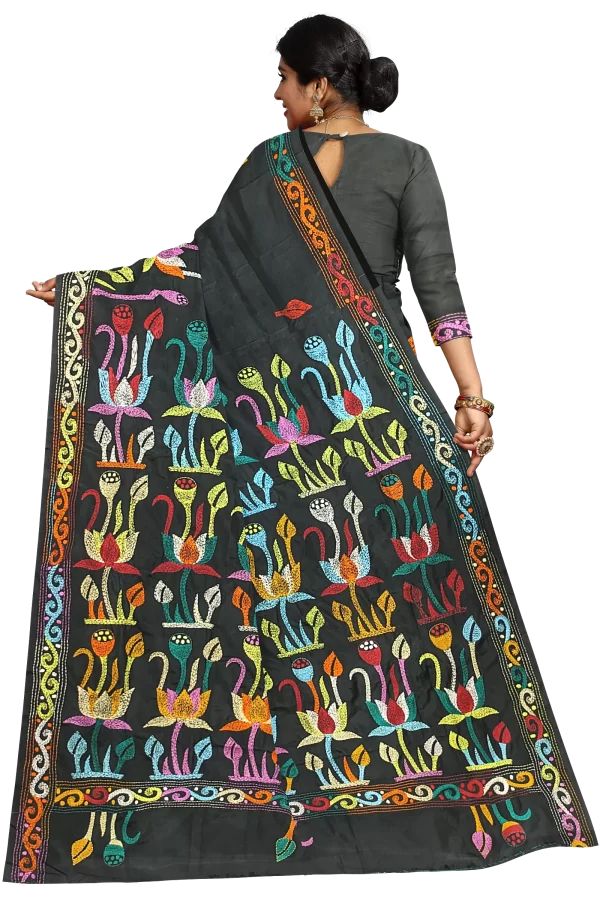 Kantha Stitched Silk Saree - Image 4