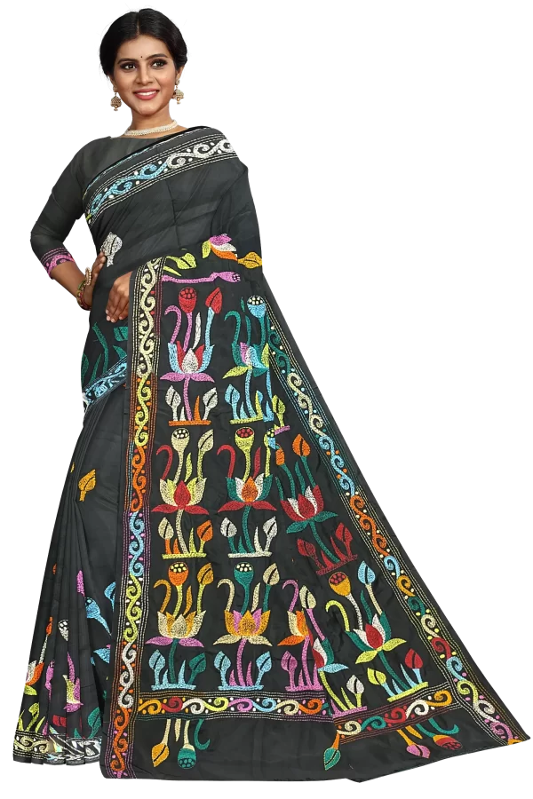 Kantha Stitched Silk Saree - Image 3