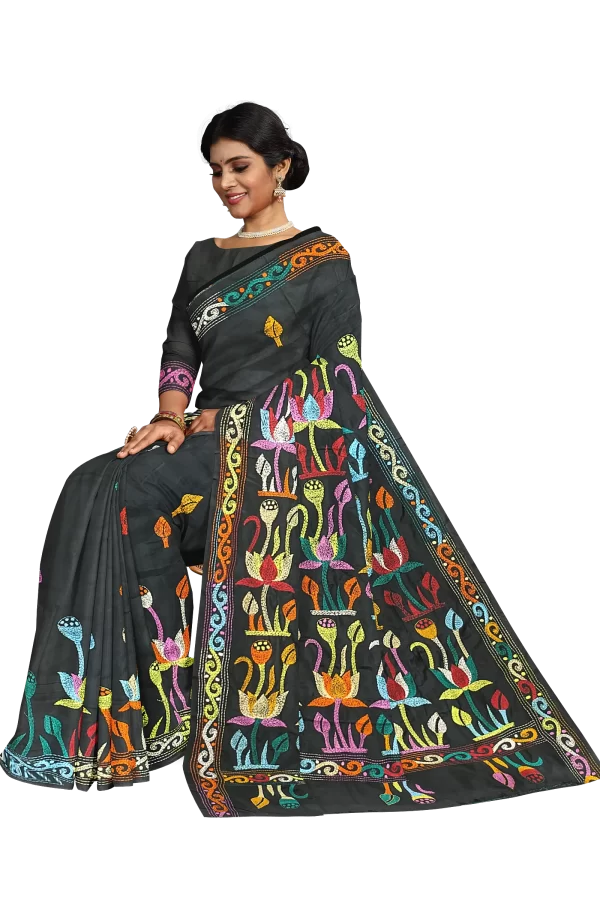 Kantha Stitched Silk Saree - Image 2