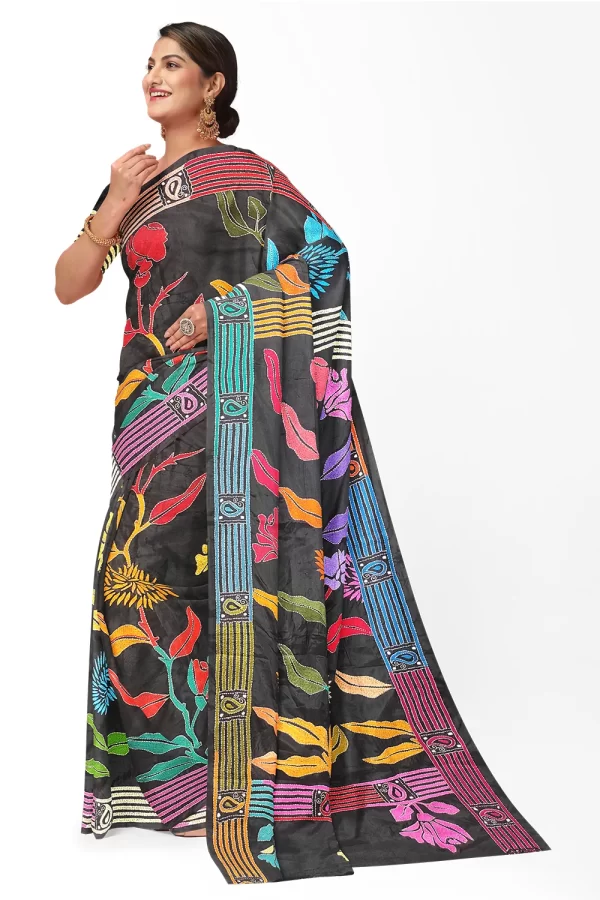 Kantha Stitched Silk Saree - Image 3