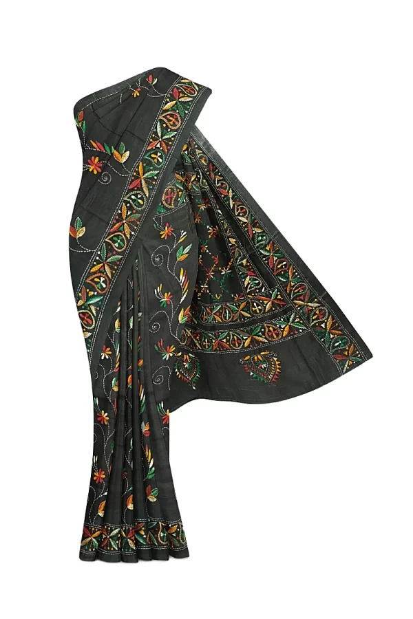 Kantha Stitched Silk Saree - Image 5