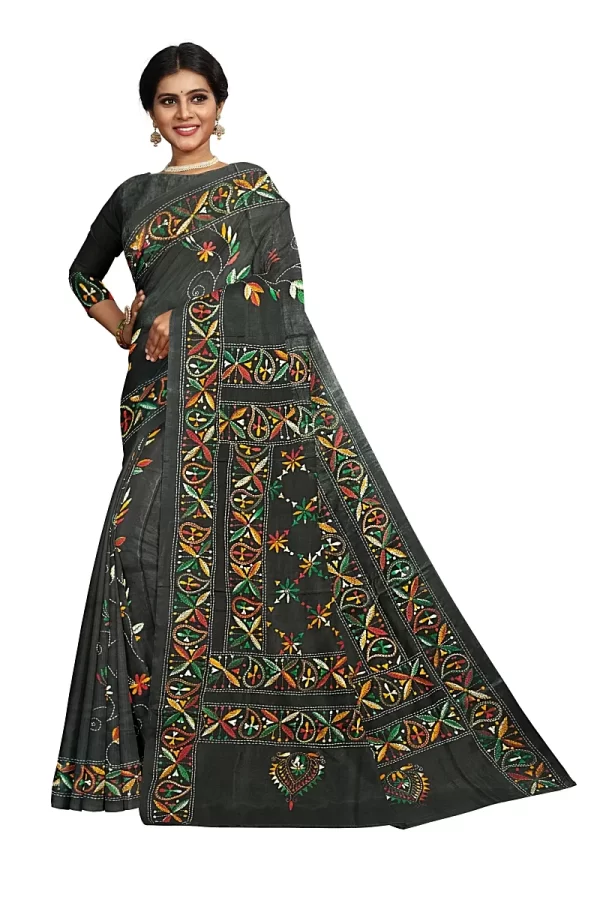 Kantha Stitched Silk Saree - Image 3