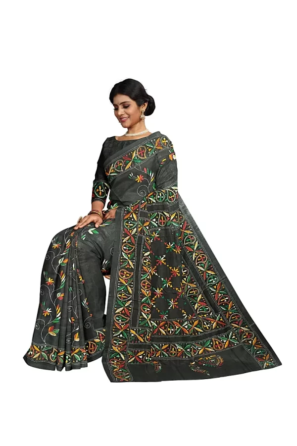 Kantha Stitched Silk Saree - Image 2