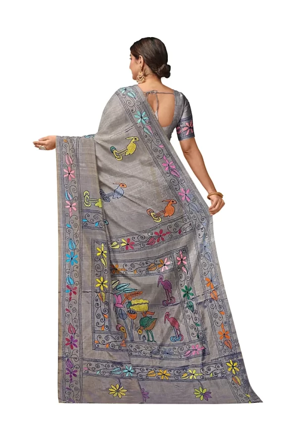 Kantha Stitched Silk Saree - Image 4