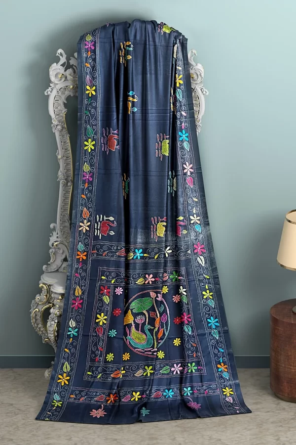 Kantha Stitched Silk Saree - Image 7