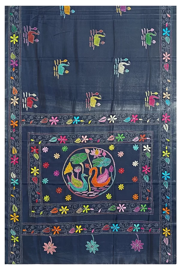 Kantha Stitched Silk Saree - Image 6