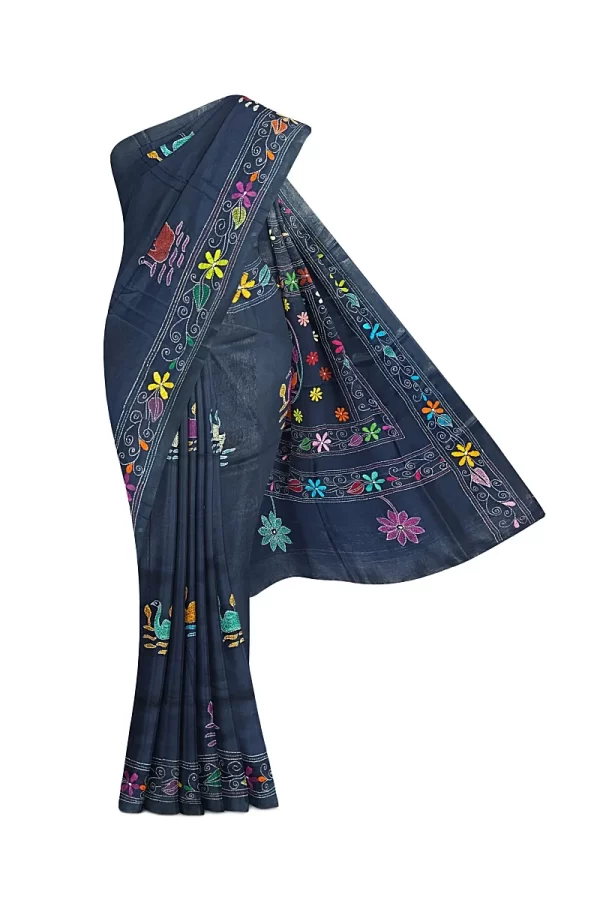 Kantha Stitched Silk Saree - Image 5