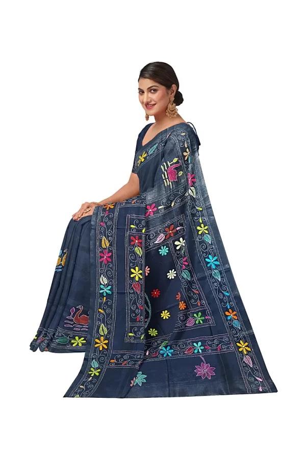 Kantha Stitched Silk Saree - Image 4