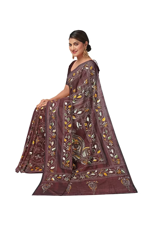 Kantha Stitched Silk Saree - Image 4