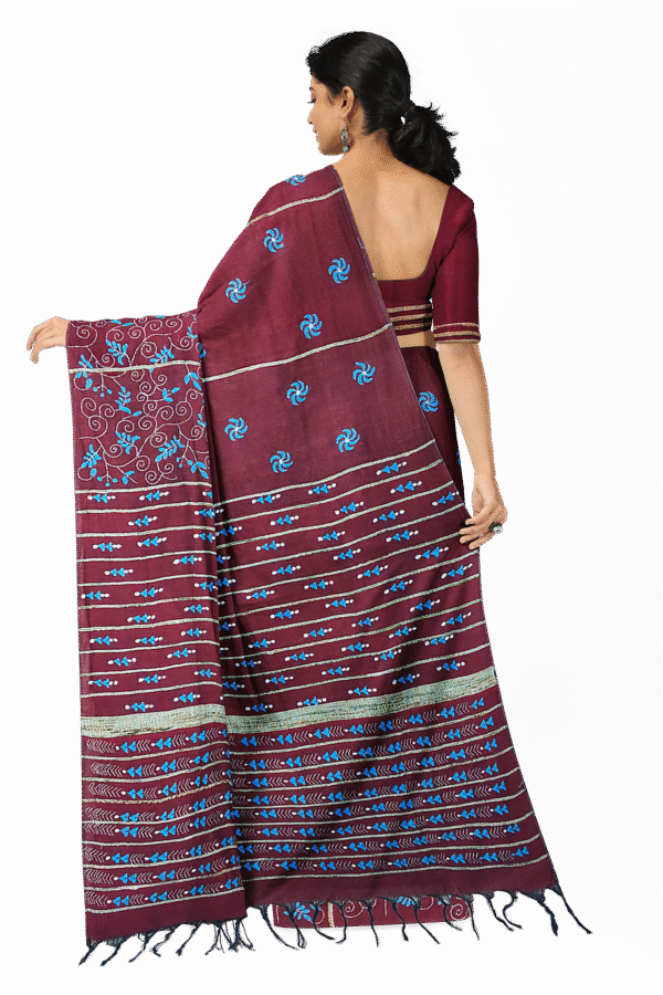 Kantha Stitched Cotton Saree - Image 5