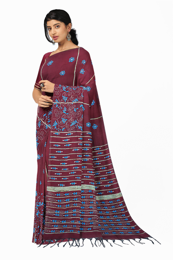 Kantha Stitched Cotton Saree - Image 4