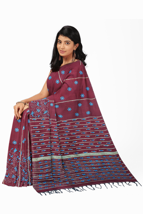 Kantha Stitched Cotton Saree - Image 3