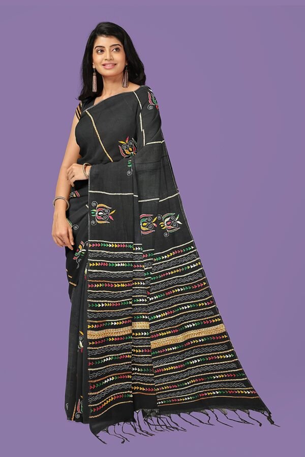 Kantha Stitched Cotton Saree - Image 3
