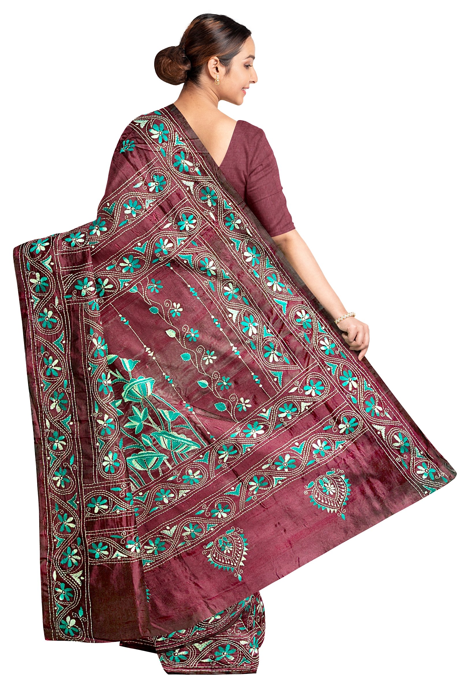 Kantha Stitched Silk Saree - Image 4
