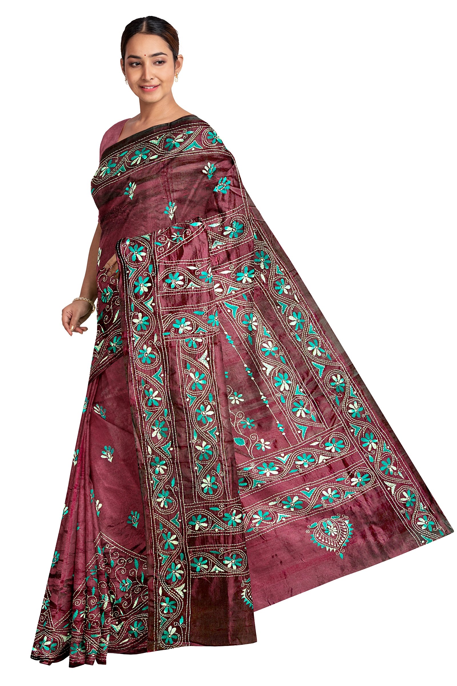 Kantha Stitched Silk Saree - Image 2