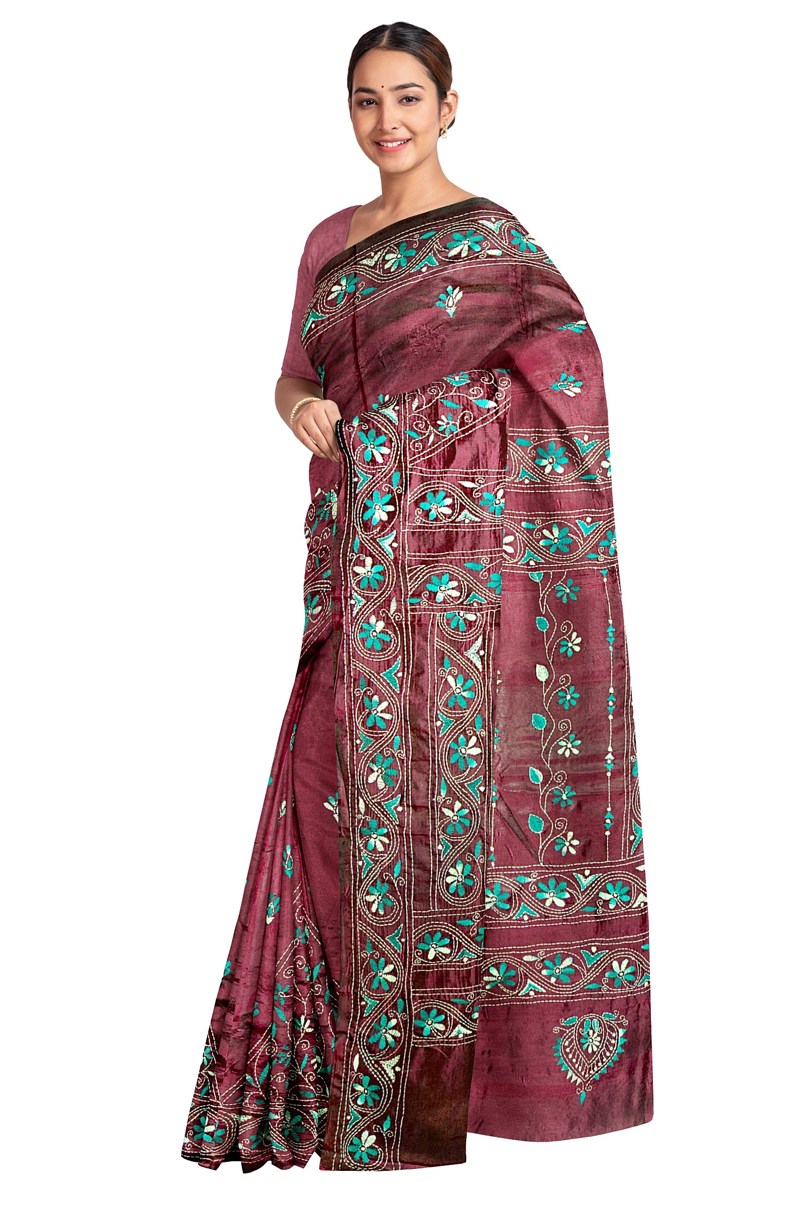 Kantha Stitched Silk Saree - Image 3